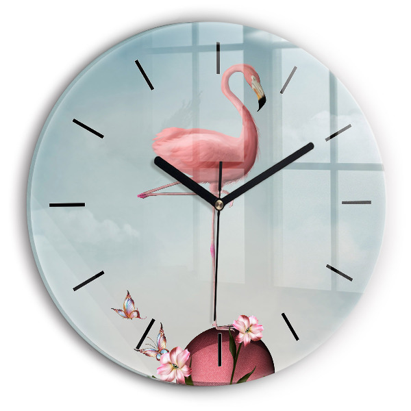 Round glass wall clock Surreal Flamingo