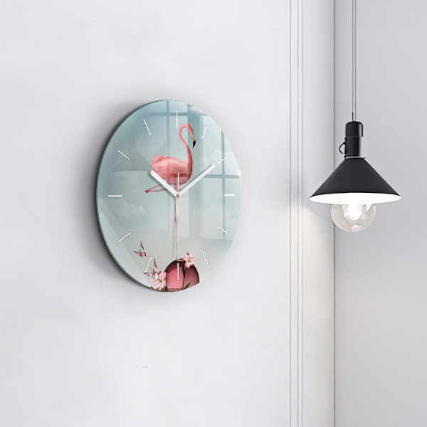 Round glass wall clock Surreal Flamingo