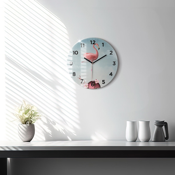 Round glass wall clock Surreal Flamingo