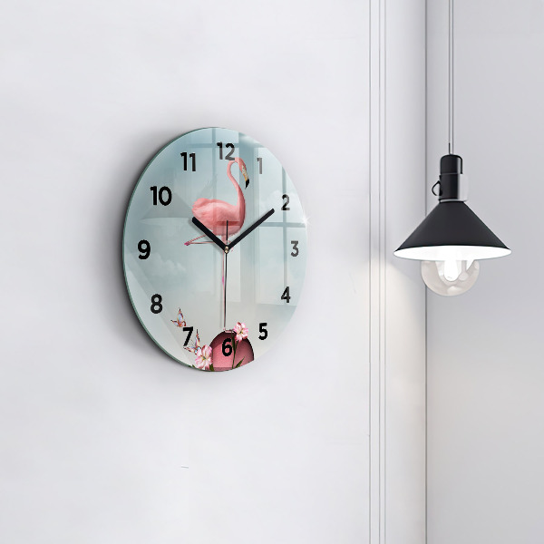 Round glass wall clock Surreal Flamingo