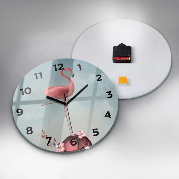 Round glass wall clock Surreal Flamingo