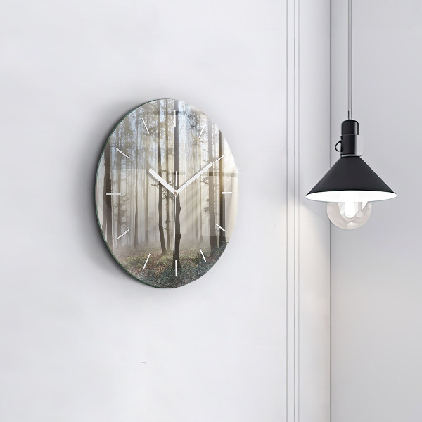 Round glass wall clock Forest in the fog