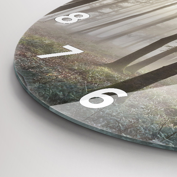 Round glass wall clock Forest in the fog