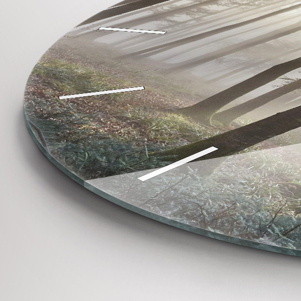 Round glass wall clock Forest in the fog