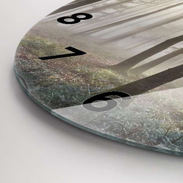 Round glass wall clock Forest in the fog