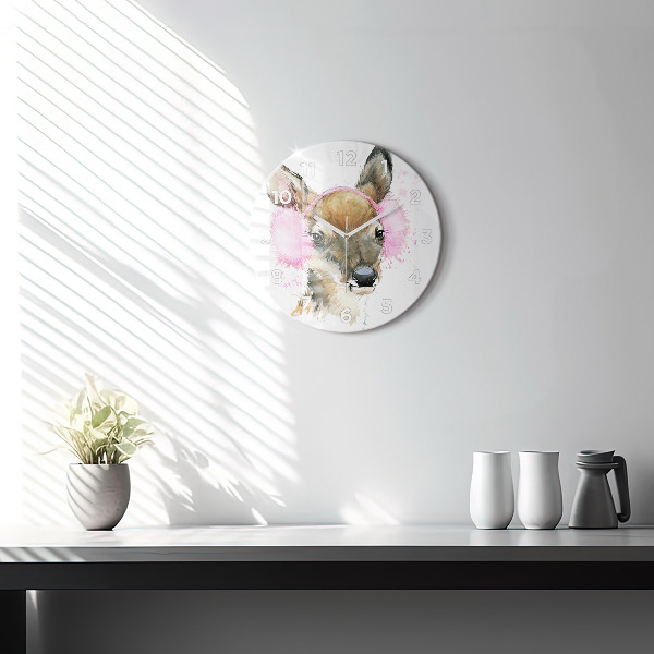 Round glass wall clock Forest deer
