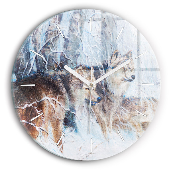 Round glass wall clock Wolves in the forest