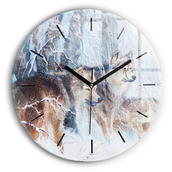 Round glass wall clock Wolves in the forest