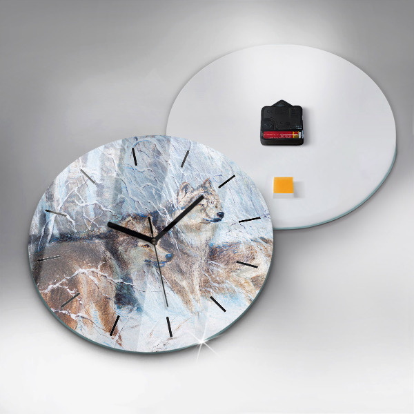 Round glass wall clock Wolves in the forest