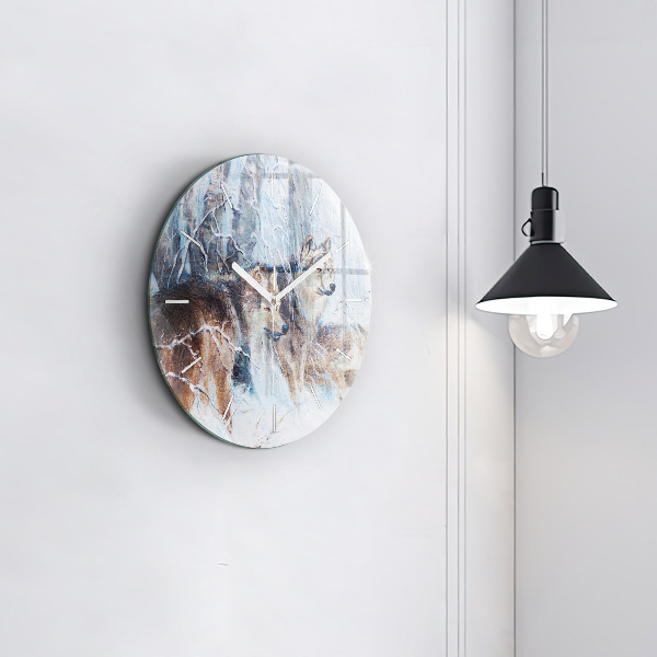 Round glass wall clock Wolves in the forest