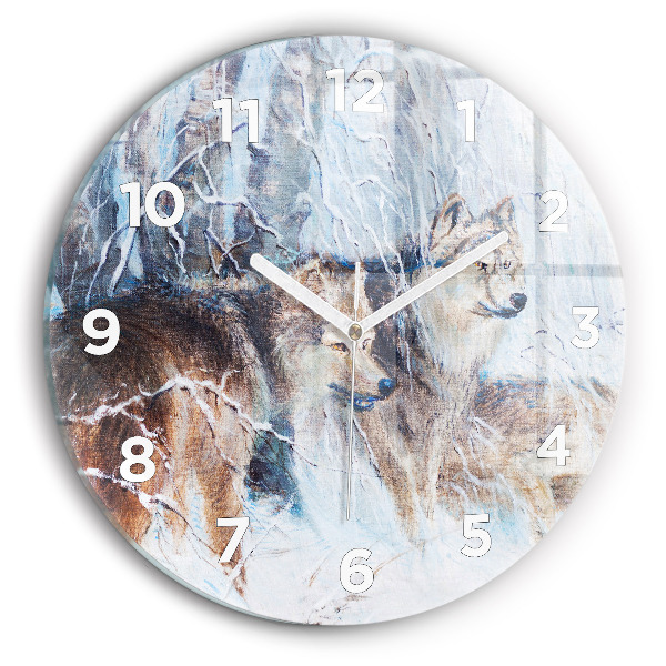 Round glass wall clock Wolves in the forest
