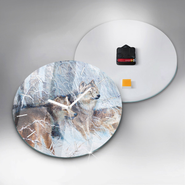 Round glass wall clock Wolves in the forest