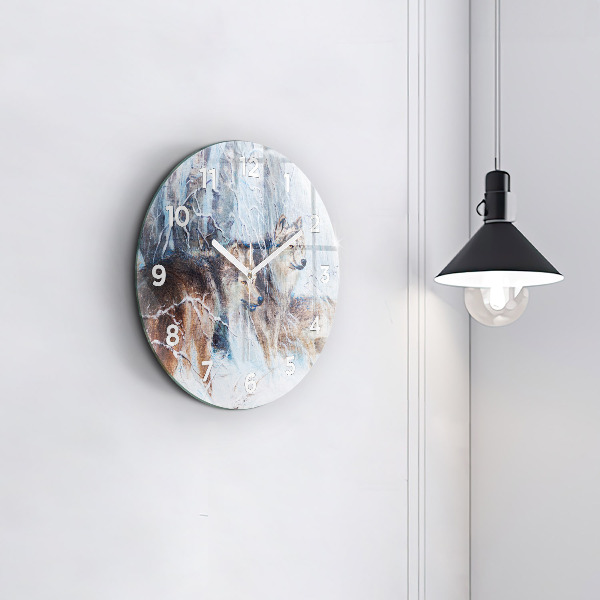 Round glass wall clock Wolves in the forest