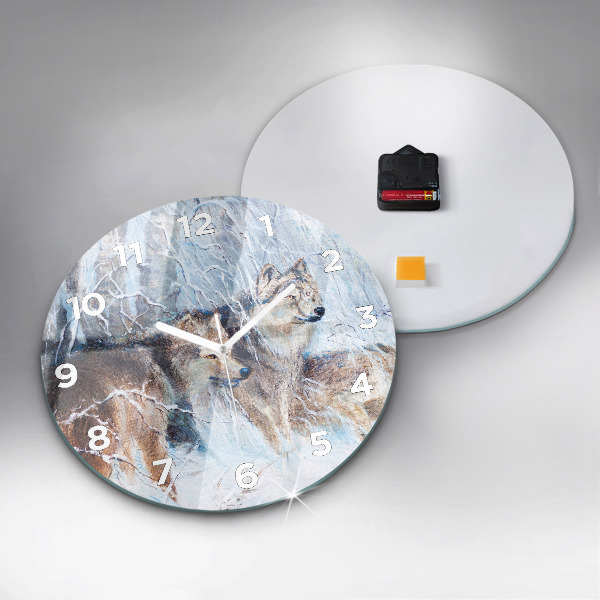 Round glass wall clock Wolves in the forest