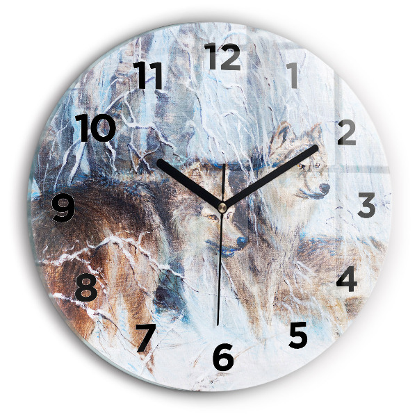 Round glass wall clock Wolves in the forest