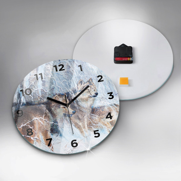 Round glass wall clock Wolves in the forest