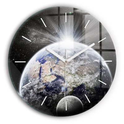 Round glass wall clock Earth Moon Sun