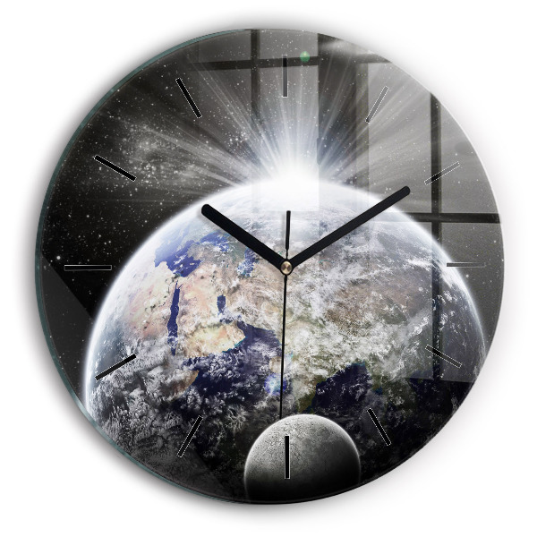 Round glass wall clock Earth Moon Sun