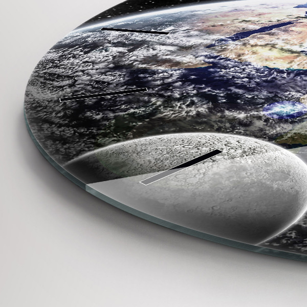 Round glass wall clock Earth Moon Sun