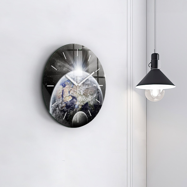 Round glass wall clock Earth Moon Sun