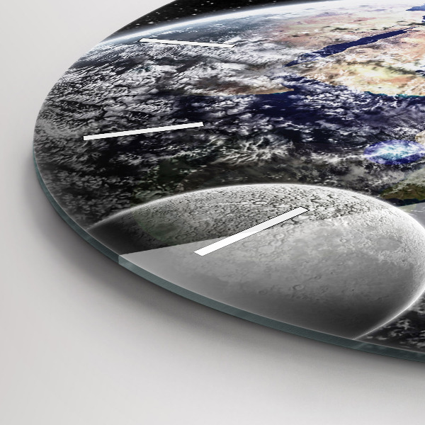 Round glass wall clock Earth Moon Sun
