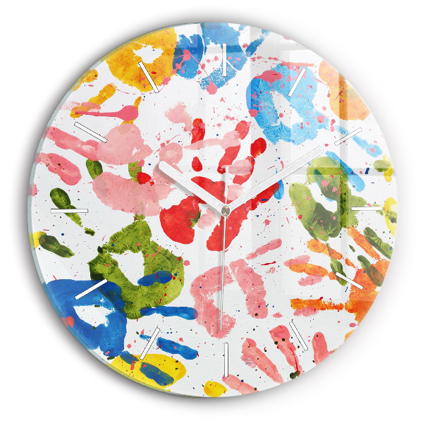 Round glass wall clock Children's handprints