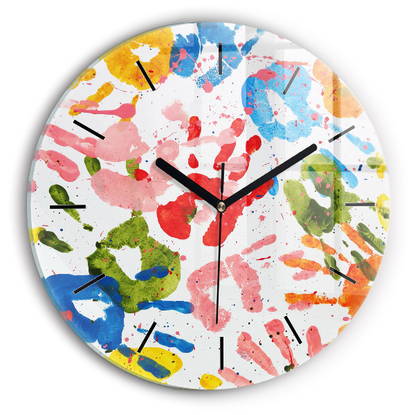 Round glass wall clock Children's handprints