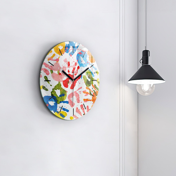 Round glass wall clock Children's handprints