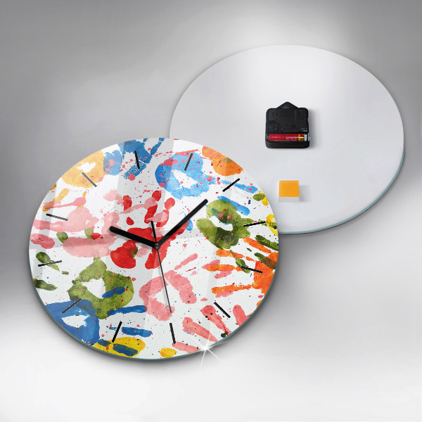 Round glass wall clock Children's handprints