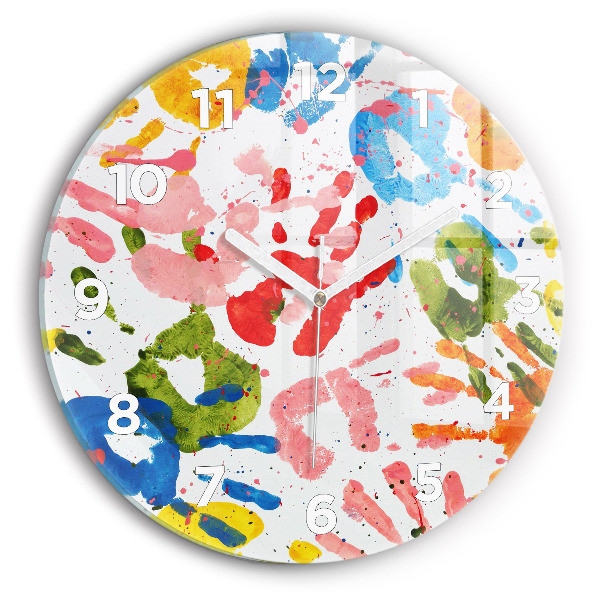 Round glass wall clock Children's handprints