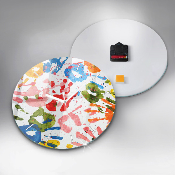 Round glass wall clock Children's handprints