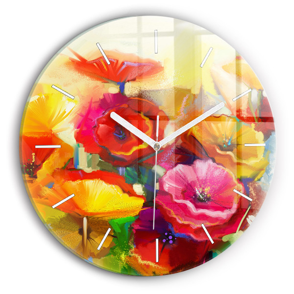 Round glass wall clock Colorful poppies