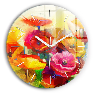 Round glass wall clock Colorful poppies