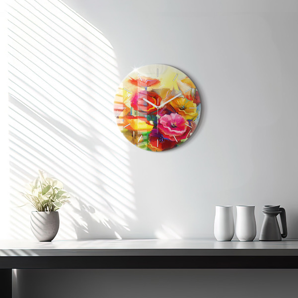 Round glass wall clock Colorful poppies