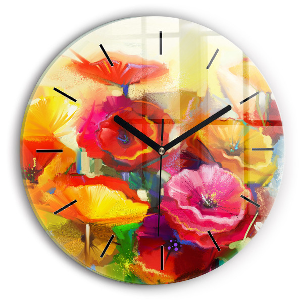 Round glass wall clock Colorful poppies