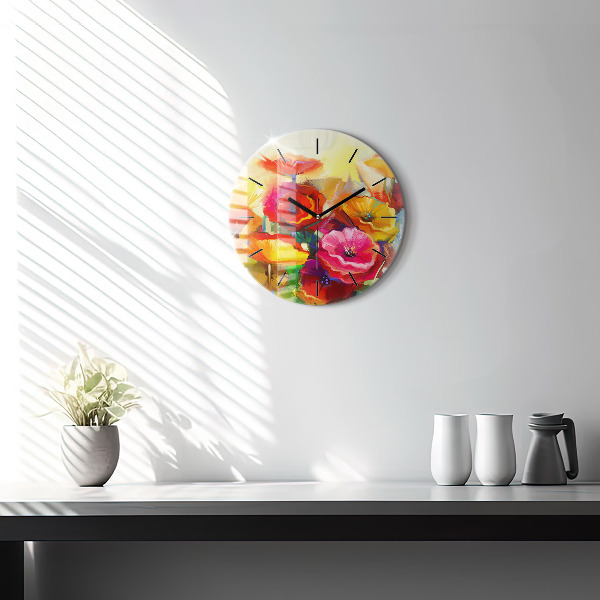 Round glass wall clock Colorful poppies