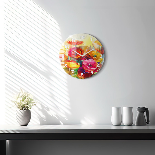 Round glass wall clock Colorful poppies
