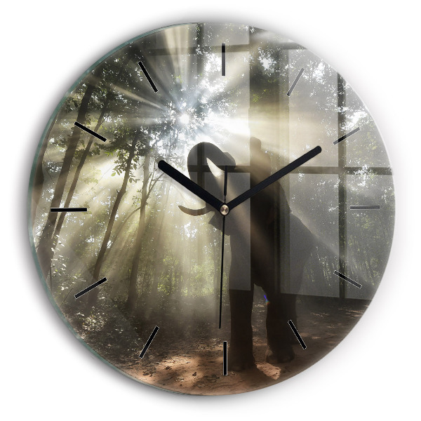 Round glass wall clock Elephant in the jungle