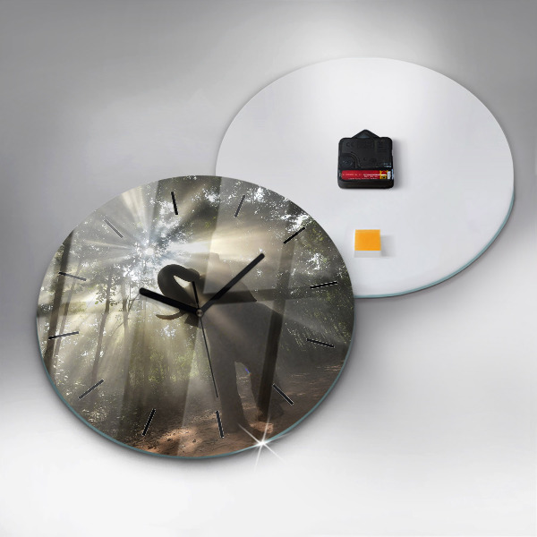 Round glass wall clock Elephant in the jungle