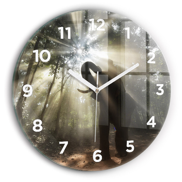 Round glass wall clock Elephant in the jungle
