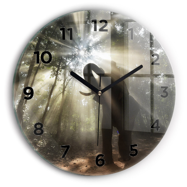Round glass wall clock Elephant in the jungle