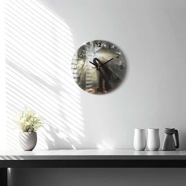 Round glass wall clock Elephant in the jungle