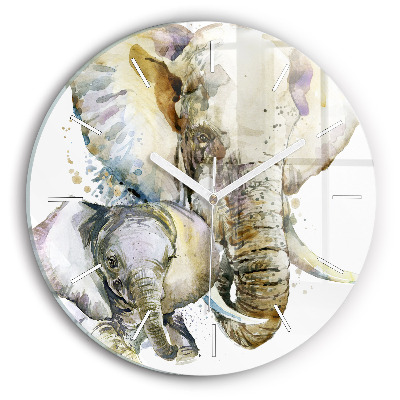 Round glass wall clock Painted animals elephants