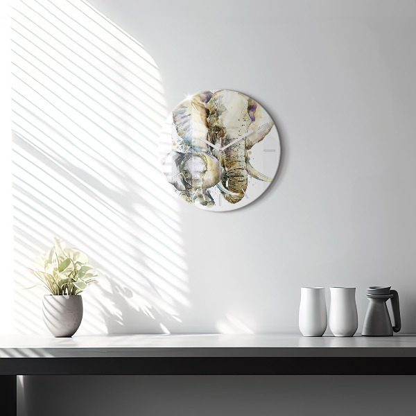Round glass wall clock Painted animals elephants