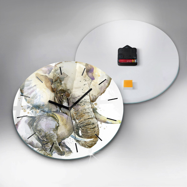 Round glass wall clock Painted animals elephants