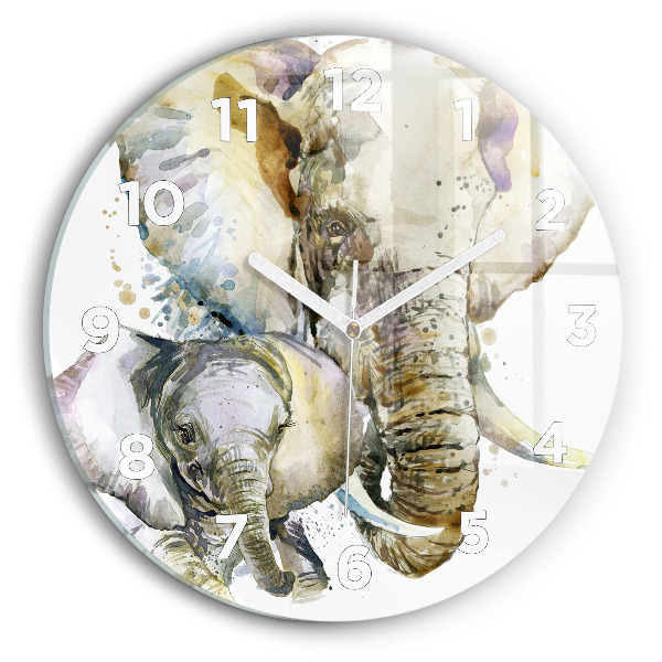 Round glass wall clock Painted animals elephants