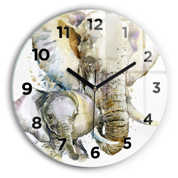 Round glass wall clock Painted animals elephants