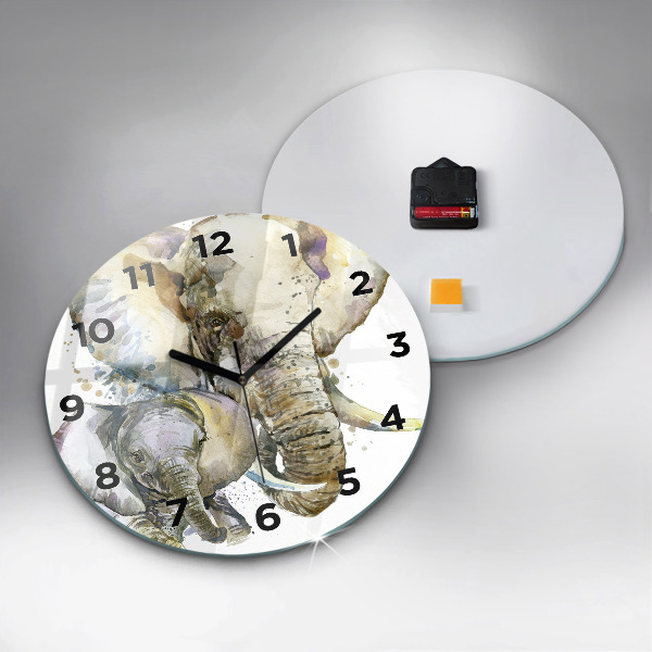 Round glass wall clock Painted animals elephants