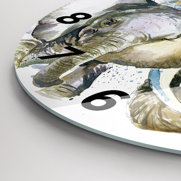 Round glass wall clock Painted animals elephants