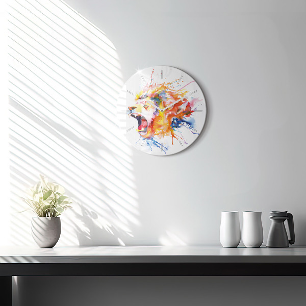 Round glass wall clock Lion - watercolor